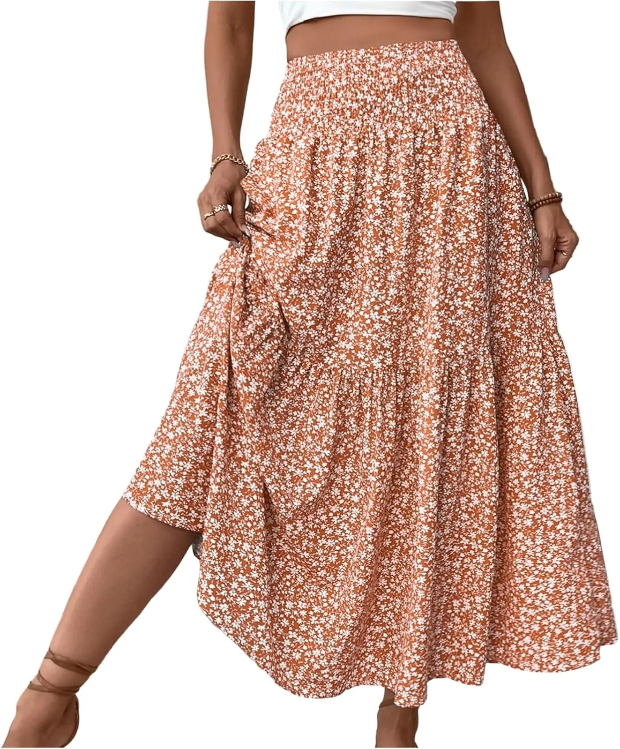 Skirts for Women Midi Length Women's Boho Floral Print Elastic High Waisted Swing A-Line Tiered Summer Beach Skirt