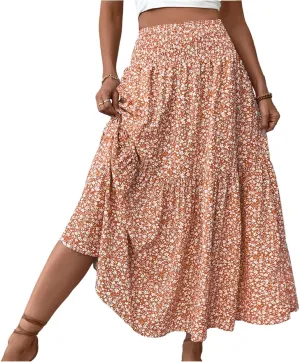Skirts for Women Midi Length Women's Boho Floral Print Elastic High Waisted Swing A-Line Tiered Summer Beach Skirt