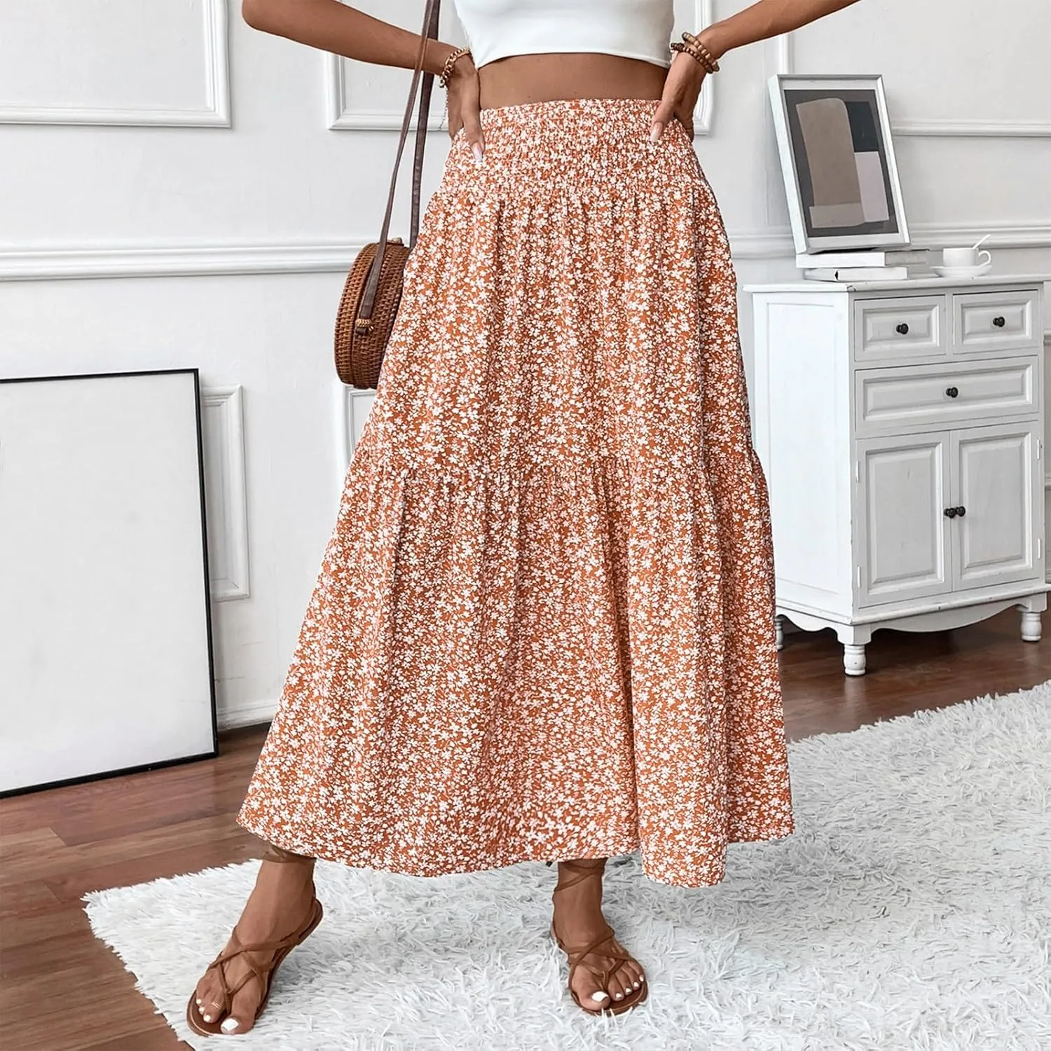 Skirts for Women Midi Length Women's Boho Floral Print Elastic High Waisted Swing A-Line Tiered Summer Beach Skirt