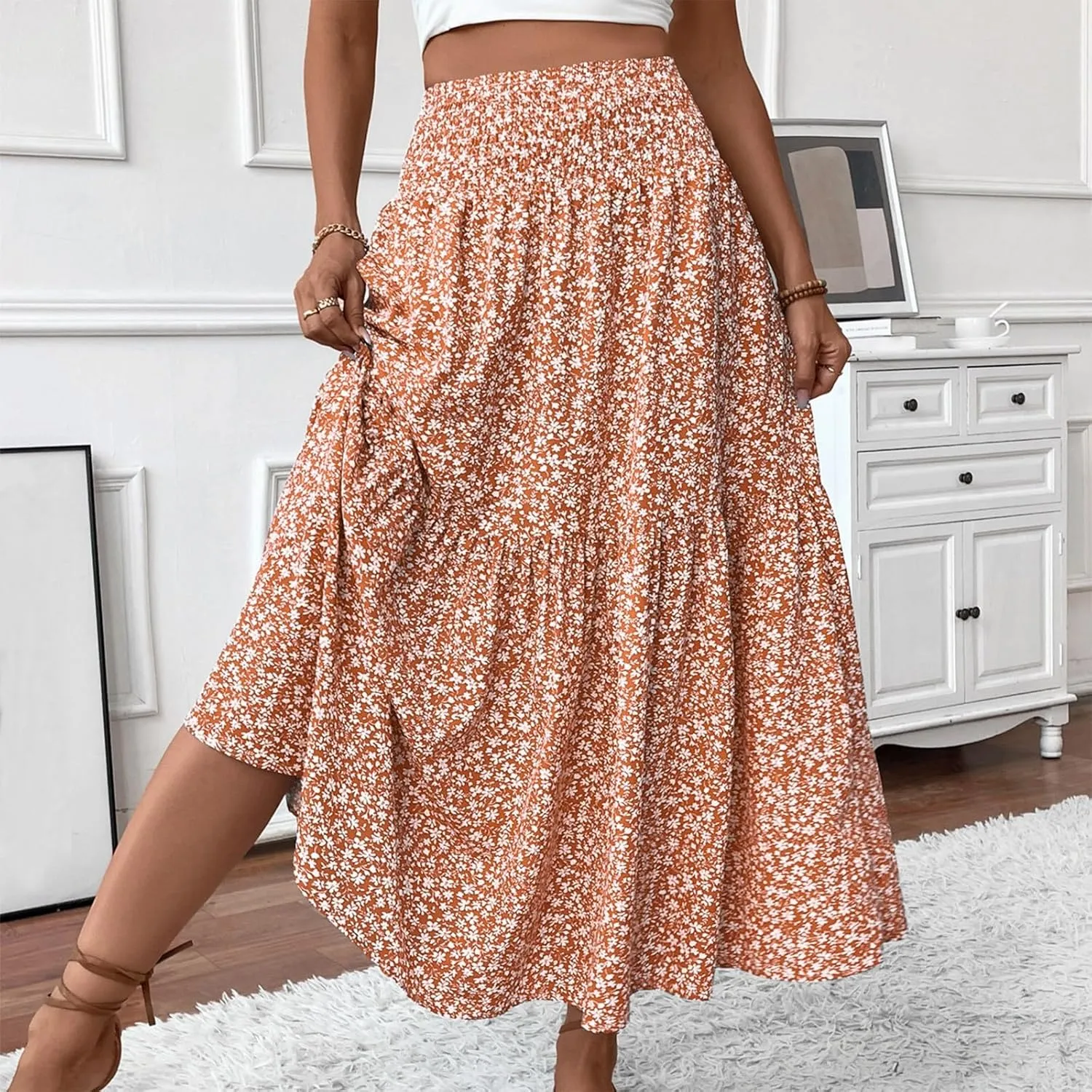 Skirts for Women Midi Length Women's Boho Floral Print Elastic High Waisted Swing A-Line Tiered Summer Beach Skirt