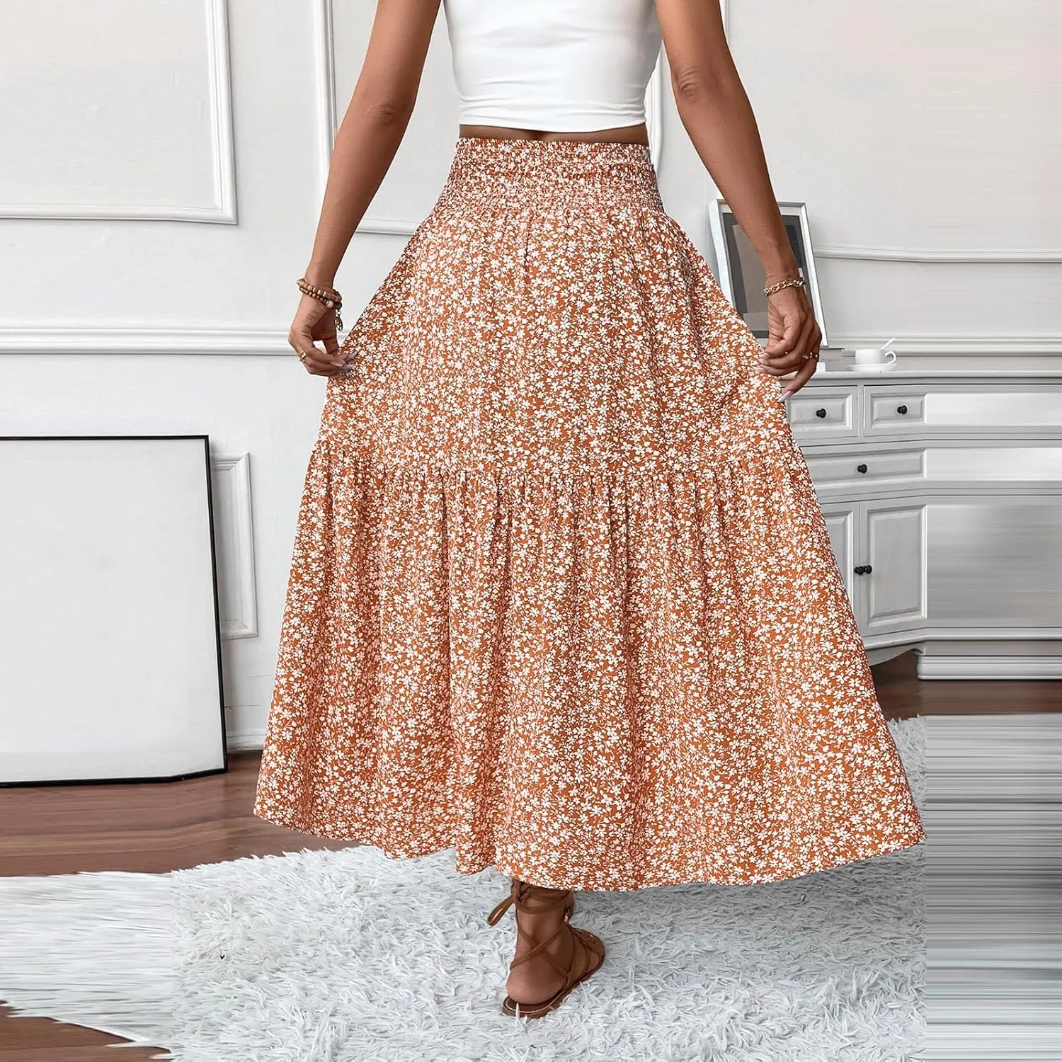 Skirts for Women Midi Length Women's Boho Floral Print Elastic High Waisted Swing A-Line Tiered Summer Beach Skirt