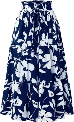 Skirts for Women Summer Drawstring High Waist Midi Skirt Loose Aline Solid Color Tiered Ruffle Knee Length Skirt