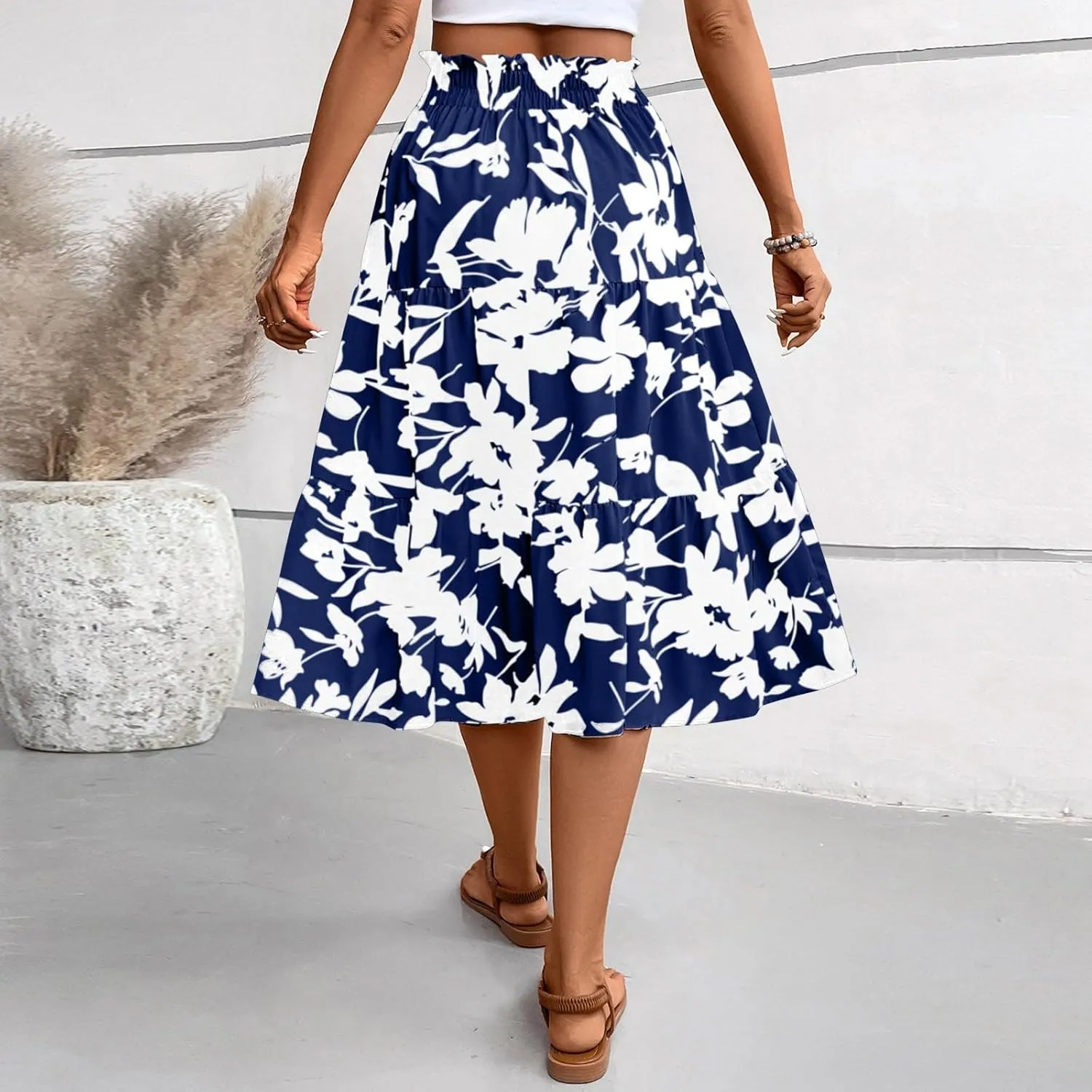 Skirts for Women Summer Drawstring High Waist Midi Skirt Loose Aline Solid Color Tiered Ruffle Knee Length Skirt