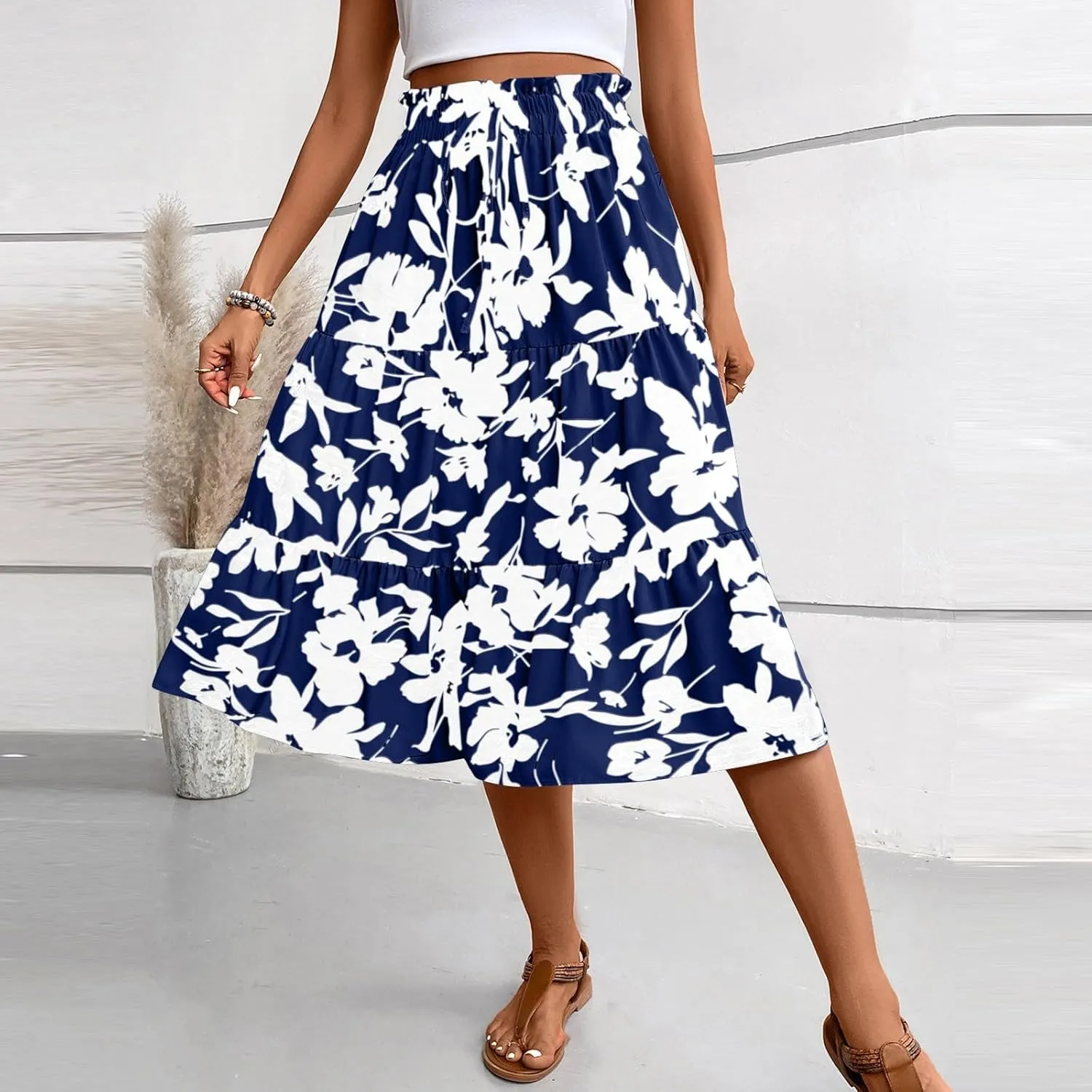 Skirts for Women Summer Drawstring High Waist Midi Skirt Loose Aline Solid Color Tiered Ruffle Knee Length Skirt