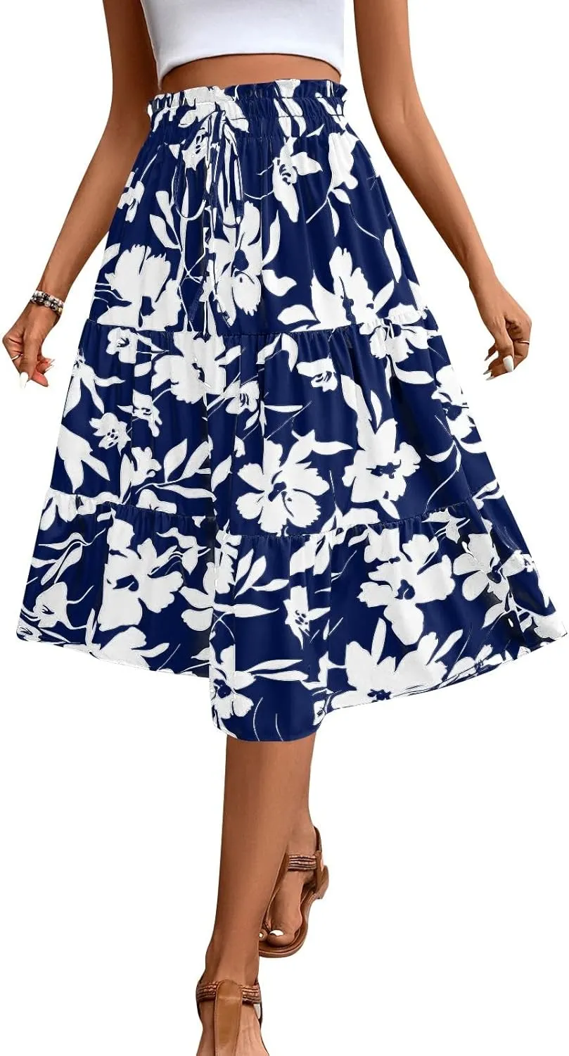 Skirts for Women Summer Drawstring High Waist Midi Skirt Loose Aline Solid Color Tiered Ruffle Knee Length Skirt