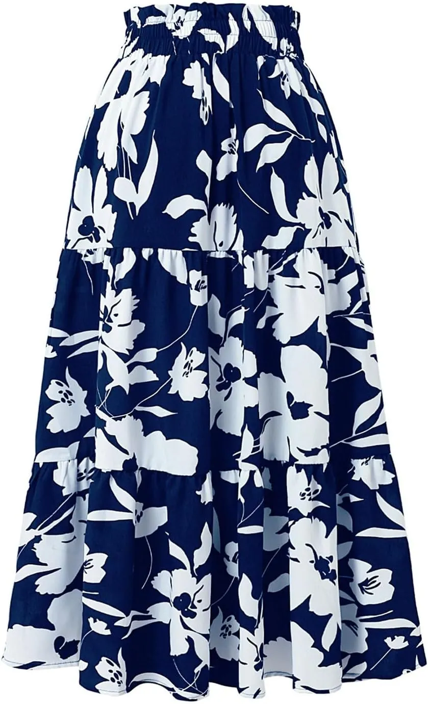 Skirts for Women Summer Drawstring High Waist Midi Skirt Loose Aline Solid Color Tiered Ruffle Knee Length Skirt