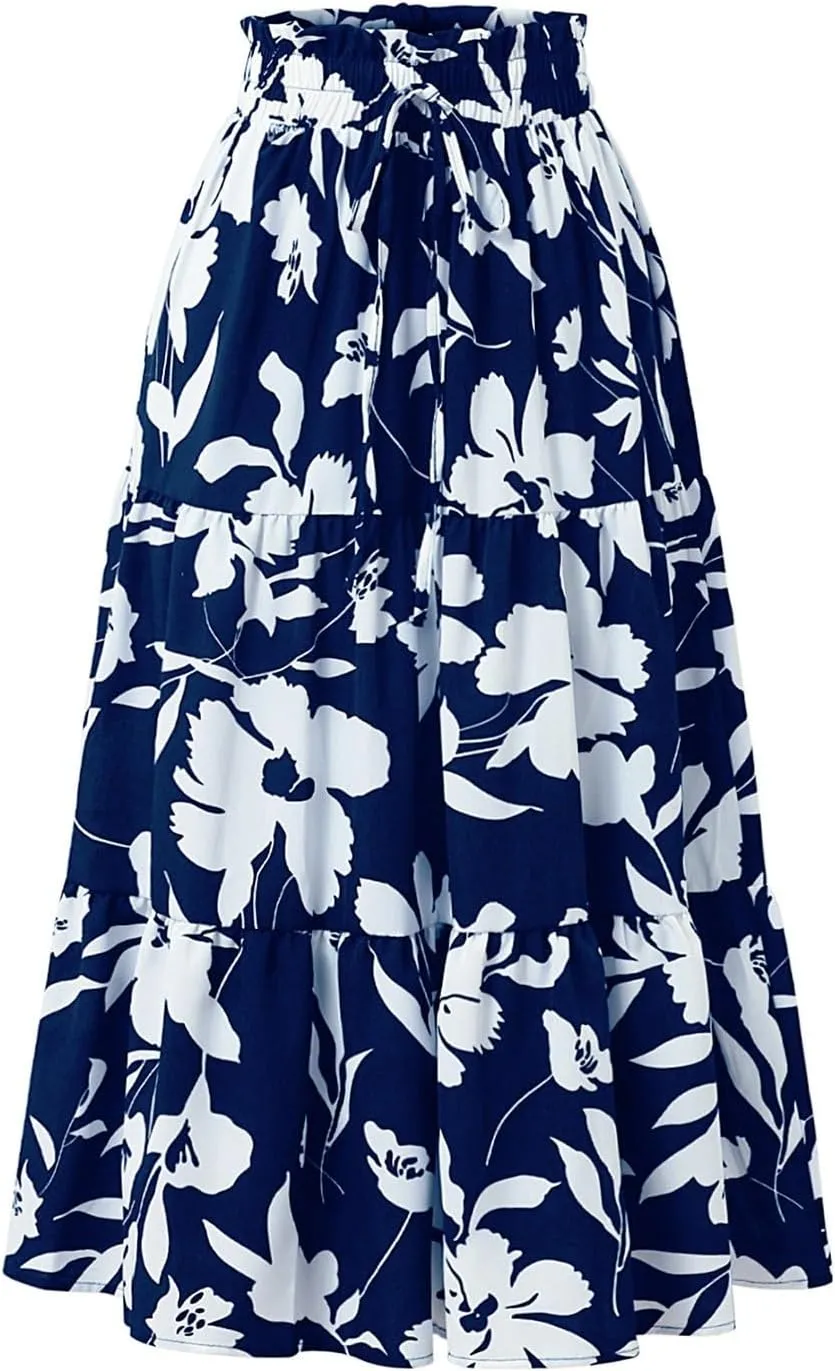 Skirts for Women Summer Drawstring High Waist Midi Skirt Loose Aline Solid Color Tiered Ruffle Knee Length Skirt