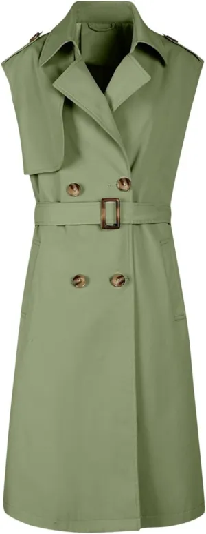Sleeveless Trench Coat Women V Neck Double Breasted Belted Overcoat Business Casual Work Jacket Blazer Dress 2024