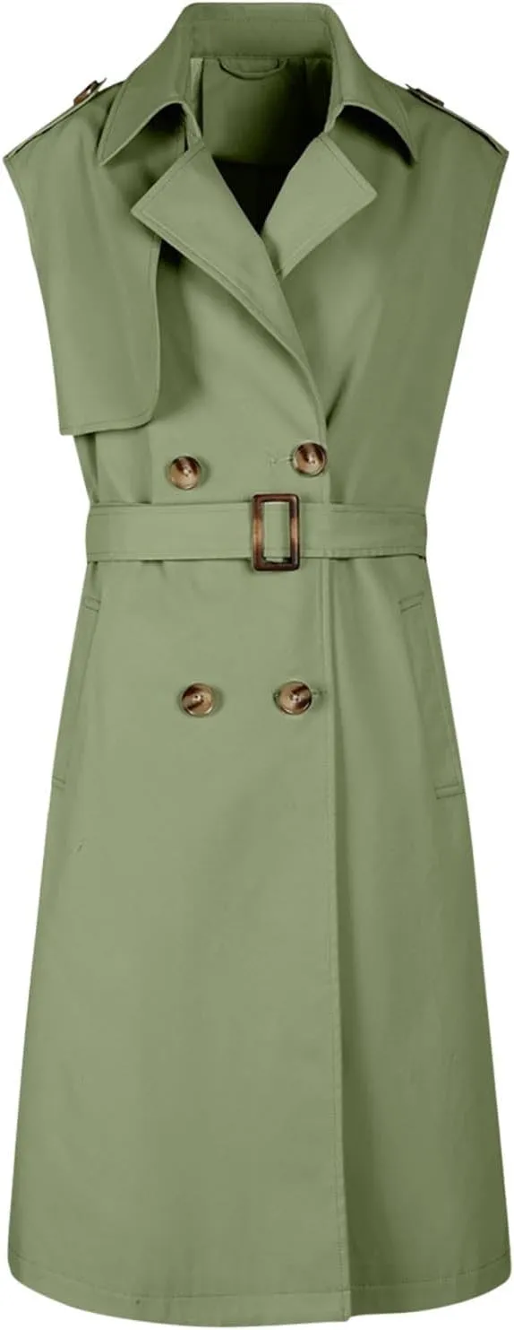 Sleeveless Trench Coat Women V Neck Double Breasted Belted Overcoat Business Casual Work Jacket Blazer Dress 2024