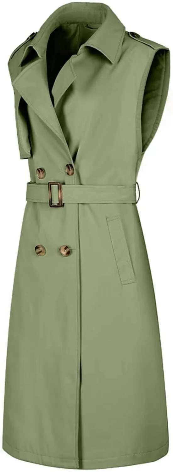 Sleeveless Trench Coat Women V Neck Double Breasted Belted Overcoat Business Casual Work Jacket Blazer Dress 2024
