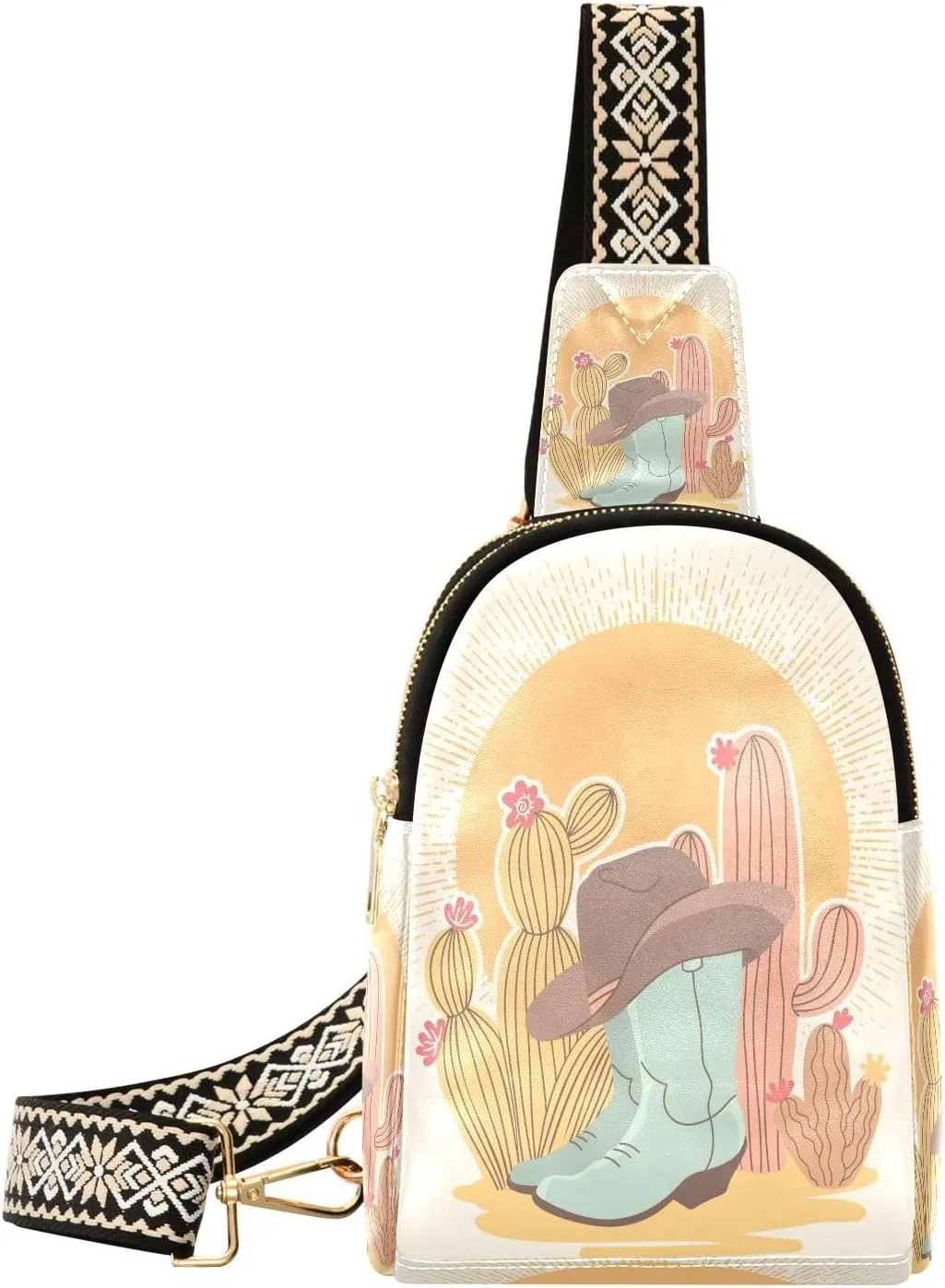 Small Sling Bag Fanny Packs Crossbody Bags for Women Cowboy Boots and Cactuses Leather Fashion Chest Bag Belt Bag for Women for Travel Sports Running Hiking