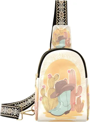 Small Sling Bag Fanny Packs Crossbody Bags for Women Cowboy Boots and Cactuses Leather Fashion Chest Bag Belt Bag for Women for Travel Sports Running Hiking