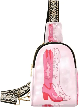 Small Sling Bag Fanny Packs Crossbody Bags for Women Retro Cowgirl Pink Pair Of Boots Leather Fashion Chest Bag Belt Bag for Women for Travel Sports Running Hiking