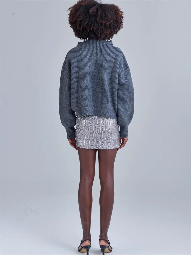 Solid Collar Balloon Sleeve Knitted Sweater - Anthracite