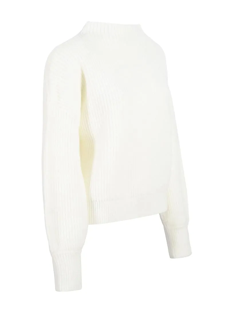 Solid Collar Balloon Sleeve Knitwear Sweater - Ecru
