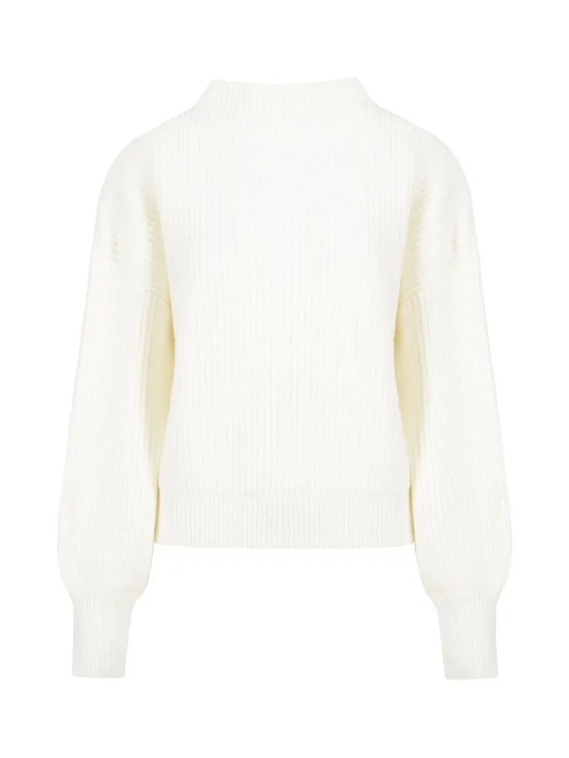 Solid Collar Balloon Sleeve Knitwear Sweater - Ecru