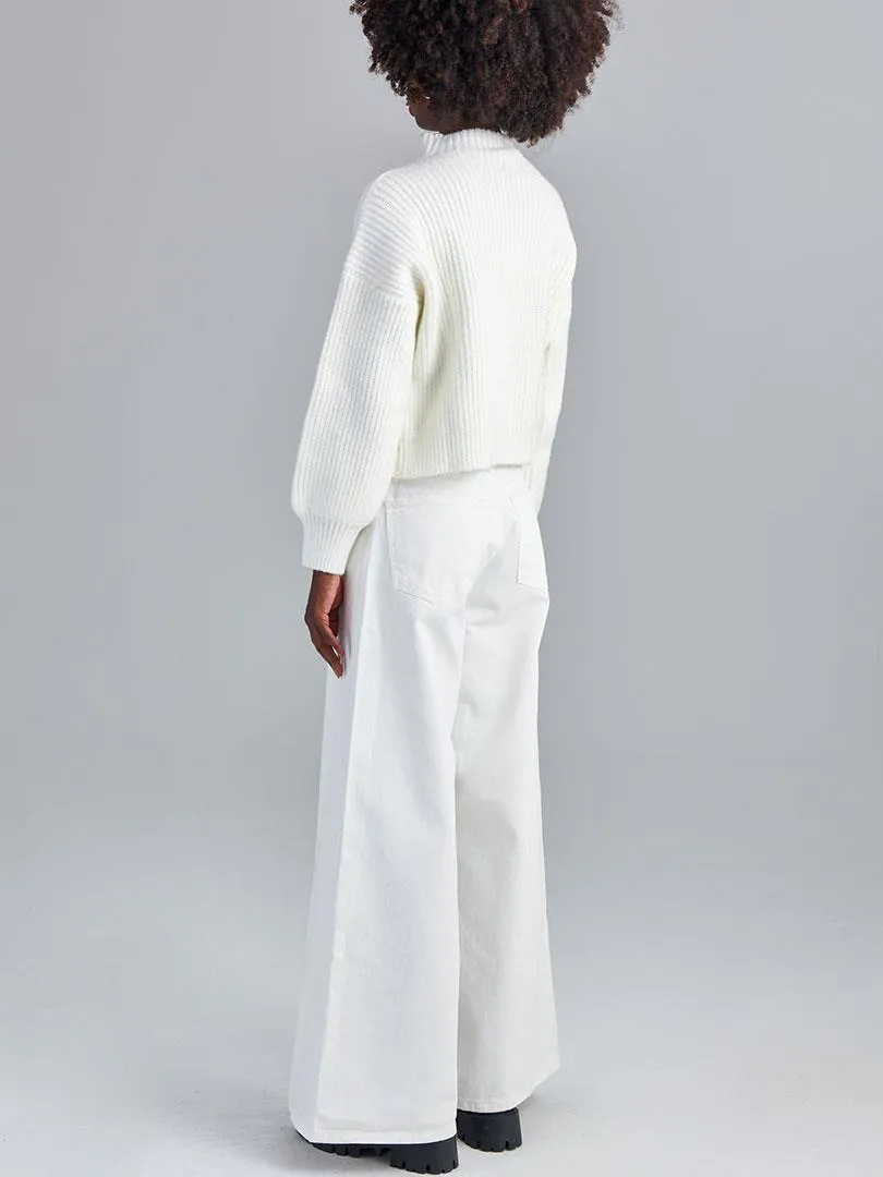 Solid Collar Balloon Sleeve Knitwear Sweater - Ecru