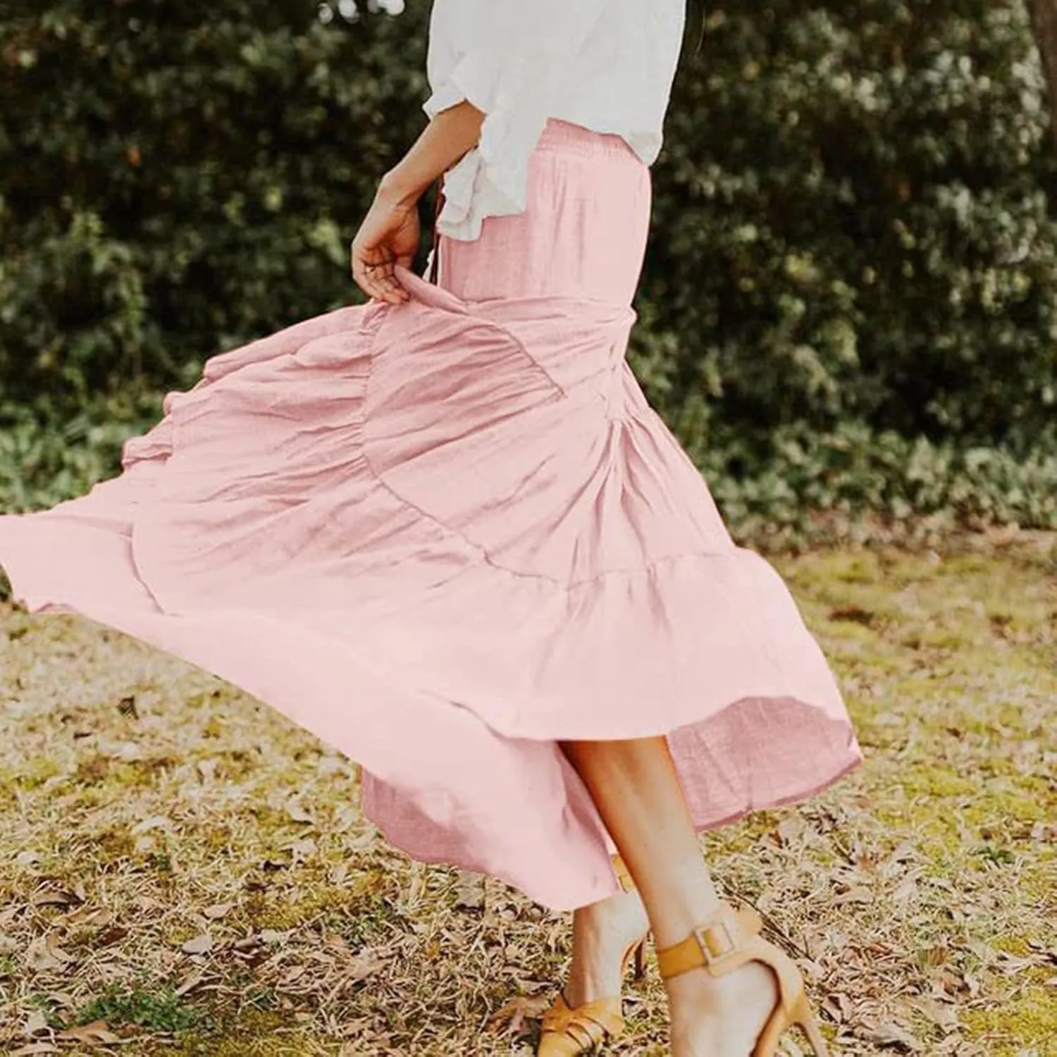 Solid Renaissance Skirt A Line Summer Pleated Boho High Rise Knee Length Skirts for Women Robe High Waist Cute Dress
