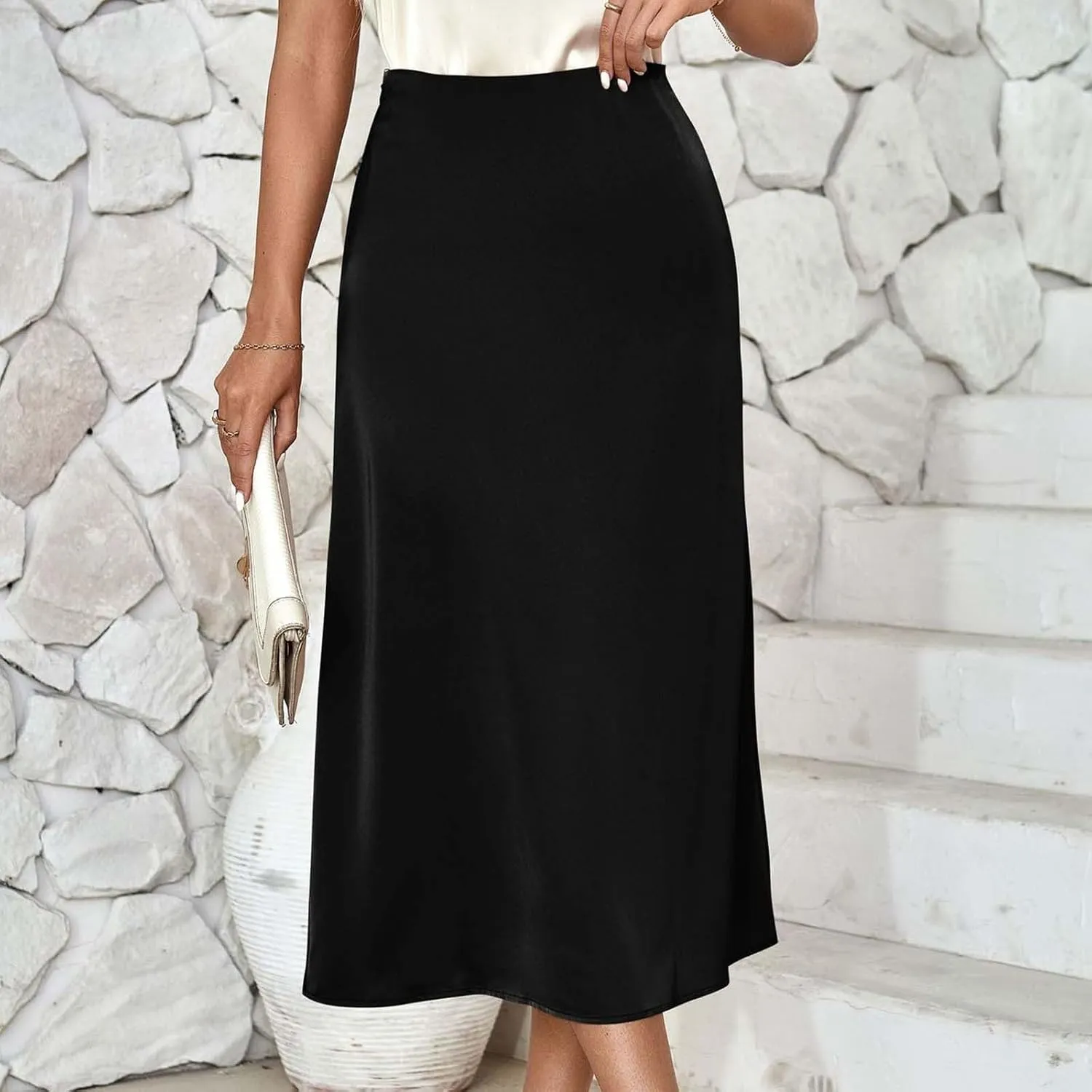 Solid Satin Midi Skorts for Women 2025 Fashion Business High Waisted A Line Skirts Casual Summer Work Formal Skirt