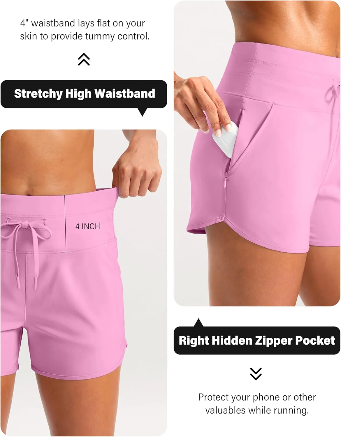 Soothfeel Women's Athletic Running Shorts with Zipper Pockets 3" High Waisted Workout Active Gym Shorts for Women with Liner