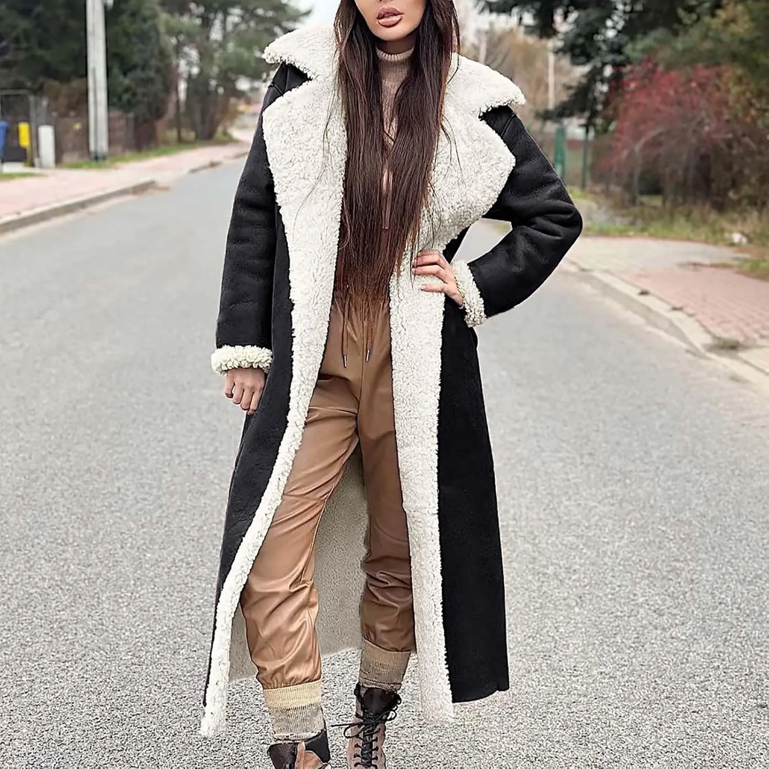 Suede Overcoats Sherpa Lined Womens Winter Coats Trendy Notched Lapel Long Fleece Jacket Warm Slim Fit Furry Outerwear