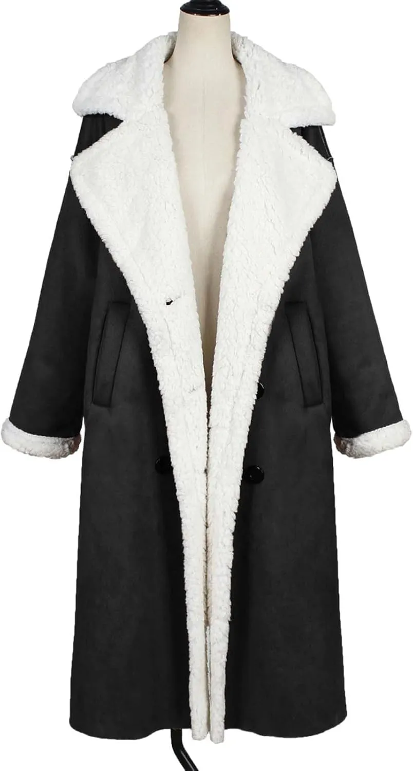 Suede Overcoats Sherpa Lined Womens Winter Coats Trendy Notched Lapel Long Fleece Jacket Warm Slim Fit Furry Outerwear