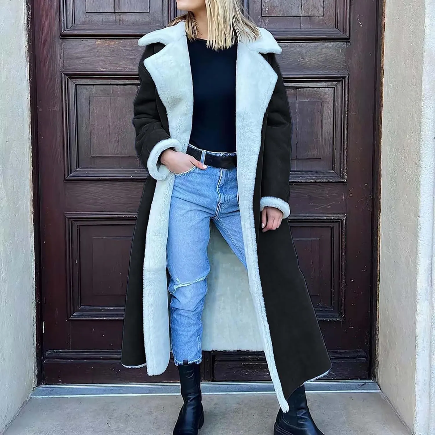 Suede Overcoats Sherpa Lined Womens Winter Coats Trendy Notched Lapel Long Fleece Jacket Warm Slim Fit Furry Outerwear