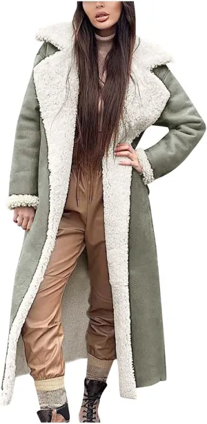 Suede Overcoats Sherpa Lined Womens Winter Coats Trendy Notched Lapel Long Fleece Jacket Warm Slim Fit Furry Outerwear