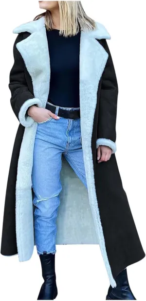 Suede Overcoats Sherpa Lined Womens Winter Coats Trendy Notched Lapel Long Fleece Jacket Warm Slim Fit Furry Outerwear
