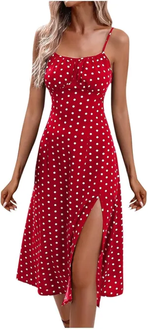 Summer Dresses for Women 2025 Elegant Sleeveless Polka Dot Print Sundresses Fashion Loose Fit Split Beach Dress