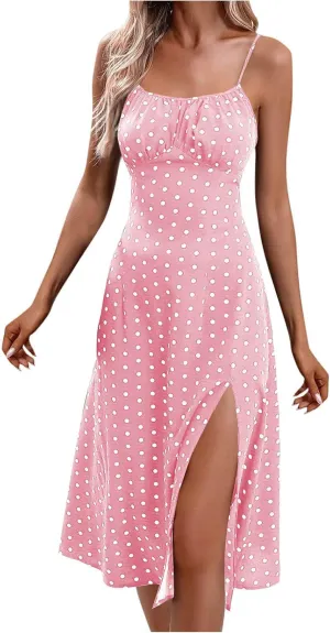 Summer Dresses for Women 2025 Elegant Sleeveless Polka Dot Print Sundresses Fashion Loose Fit Split Beach Dress