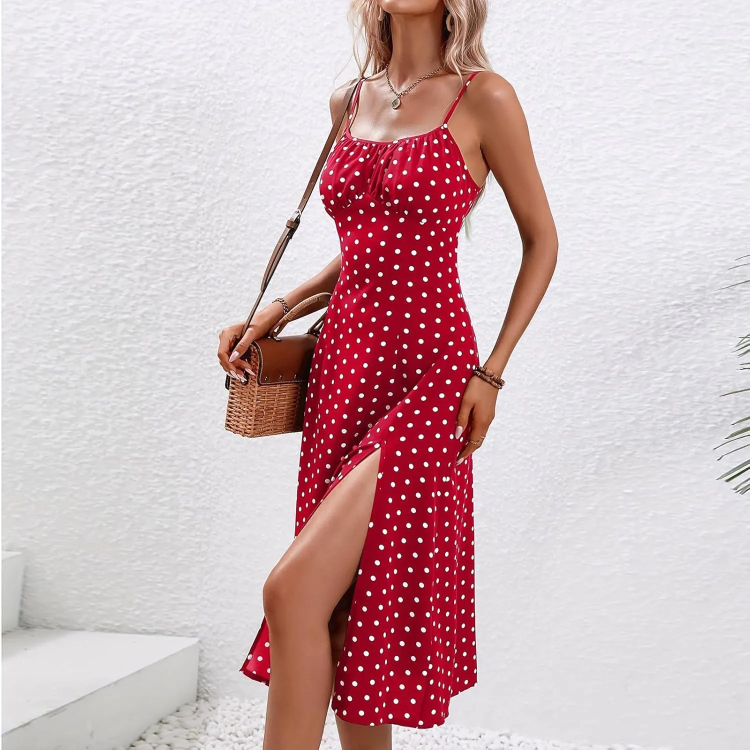 Summer Dresses for Women 2025 Elegant Sleeveless Polka Dot Print Sundresses Fashion Loose Fit Split Beach Dress