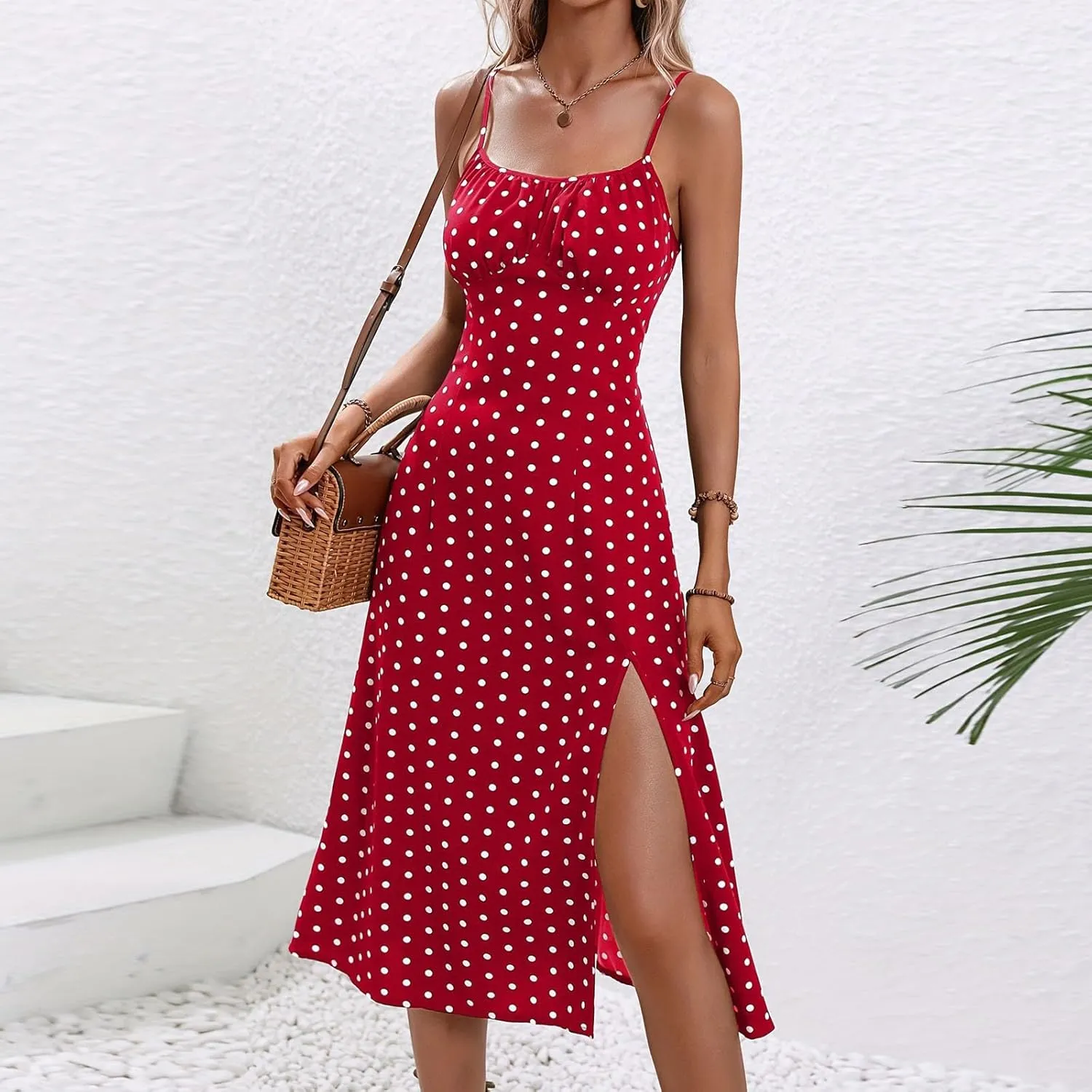 Summer Dresses for Women 2025 Elegant Sleeveless Polka Dot Print Sundresses Fashion Loose Fit Split Beach Dress