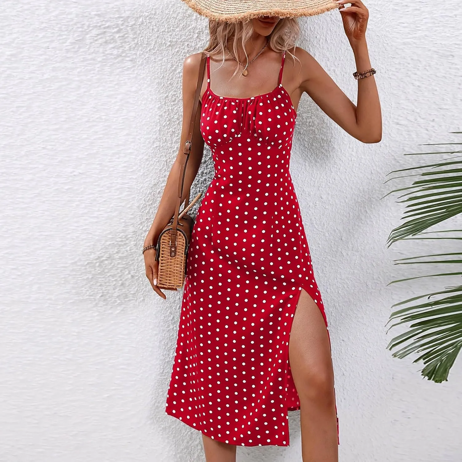 Summer Dresses for Women 2025 Elegant Sleeveless Polka Dot Print Sundresses Fashion Loose Fit Split Beach Dress