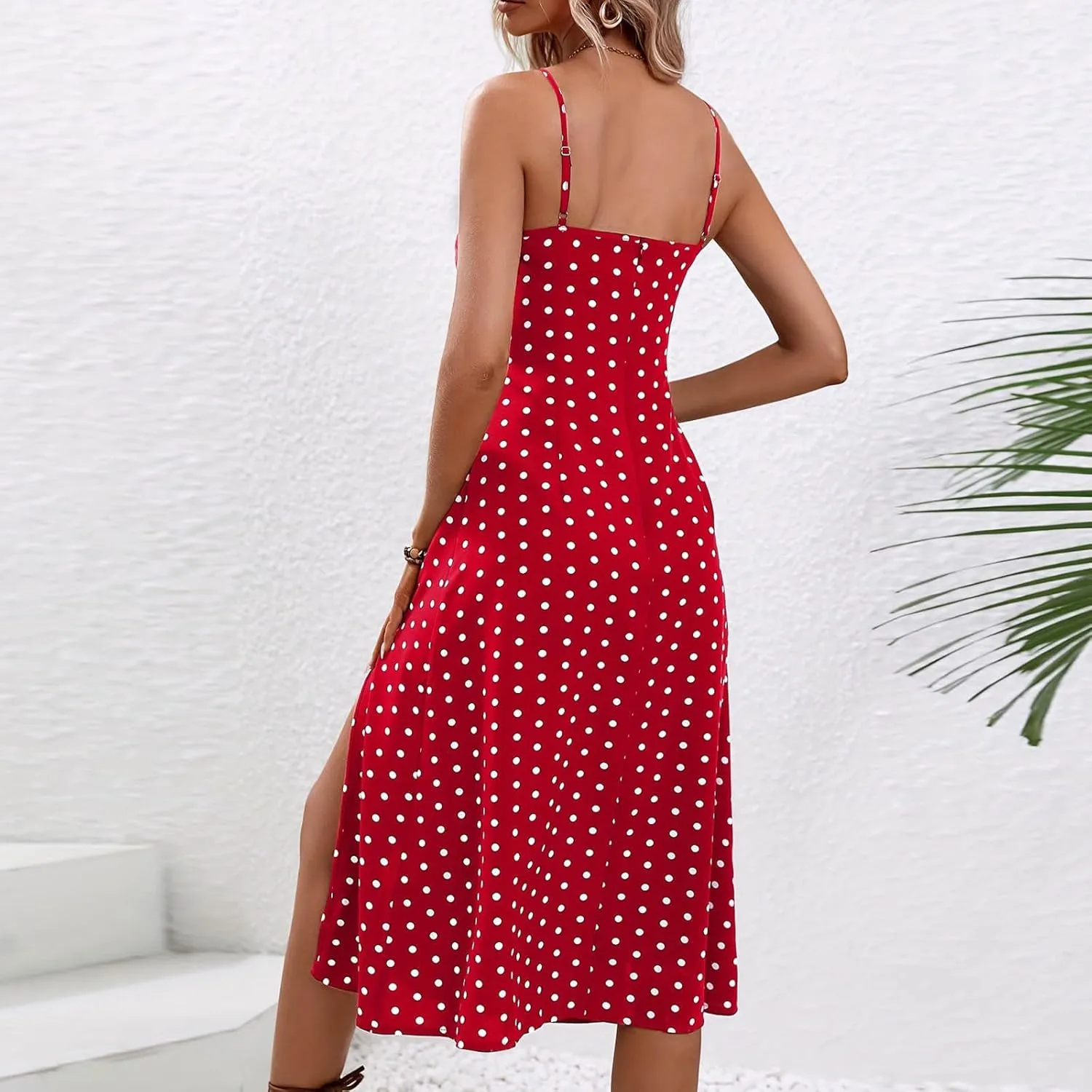 Summer Dresses for Women 2025 Elegant Sleeveless Polka Dot Print Sundresses Fashion Loose Fit Split Beach Dress