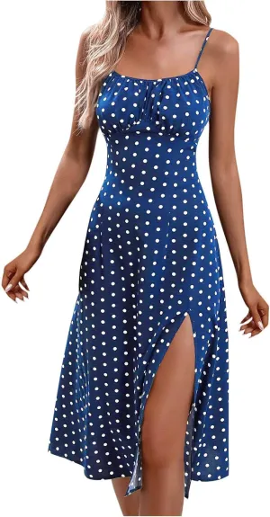 Summer Dresses for Women 2025 Elegant Sleeveless Polka Dot Print Sundresses Fashion Loose Fit Split Beach Dress