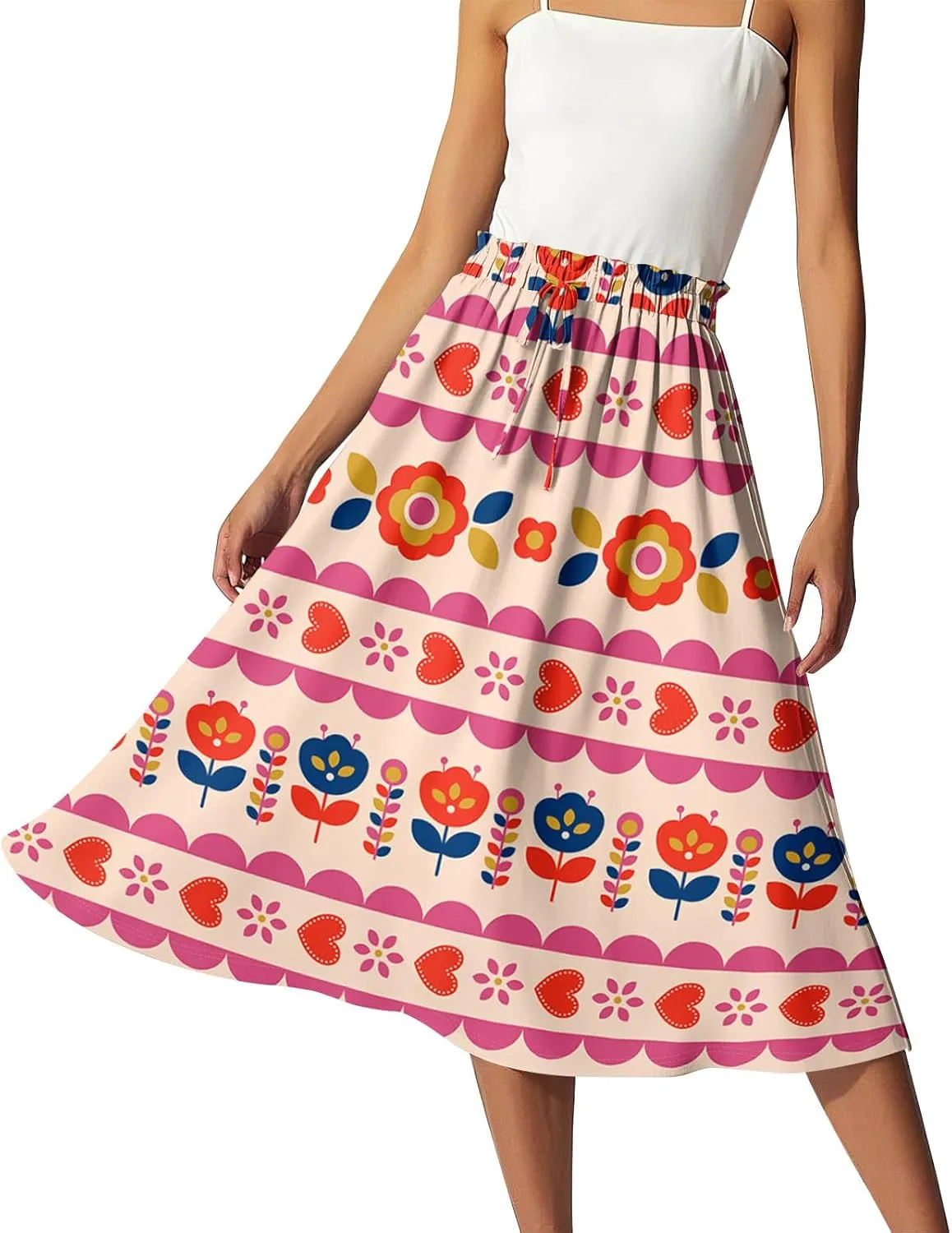 Summer Skirt for Women Midi Wrap Skirt Drawstring High Waist Knee Length Skirts A Line Floral Graphic Bohemian Skirt