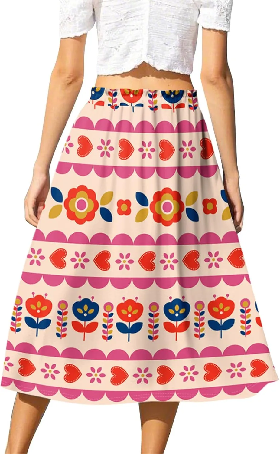 Summer Skirt for Women Midi Wrap Skirt Drawstring High Waist Knee Length Skirts A Line Floral Graphic Bohemian Skirt