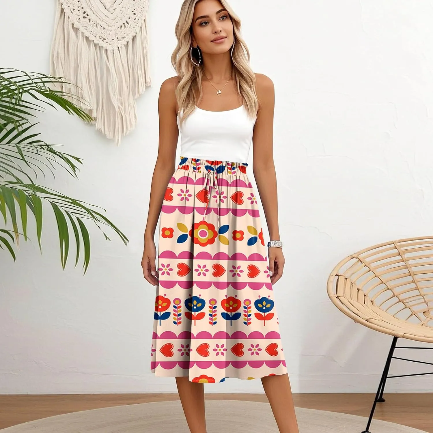 Summer Skirt for Women Midi Wrap Skirt Drawstring High Waist Knee Length Skirts A Line Floral Graphic Bohemian Skirt