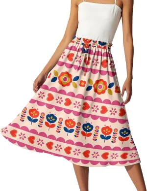 Summer Skirt for Women Midi Wrap Skirt Drawstring High Waist Knee Length Skirts A Line Floral Graphic Bohemian Skirt
