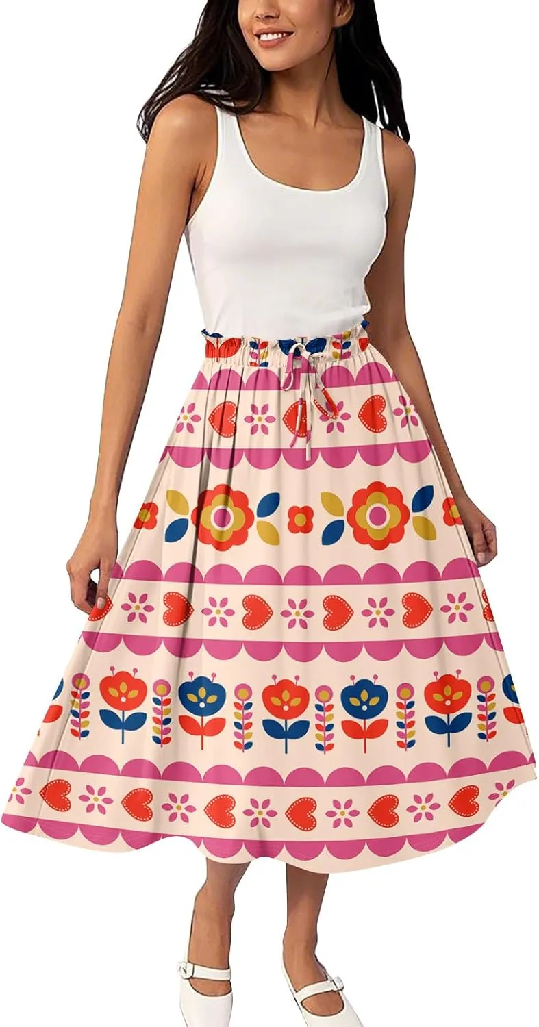 Summer Skirt for Women Midi Wrap Skirt Drawstring High Waist Knee Length Skirts A Line Floral Graphic Bohemian Skirt