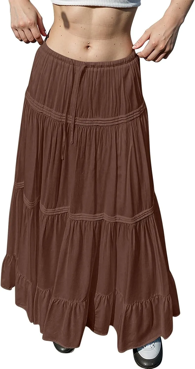 Summer Skirts for Women Trendy Drawstring Waisted Flowy Tiered Linen Maxi Skirt Pleated Ruffled A-Line Long Skirts