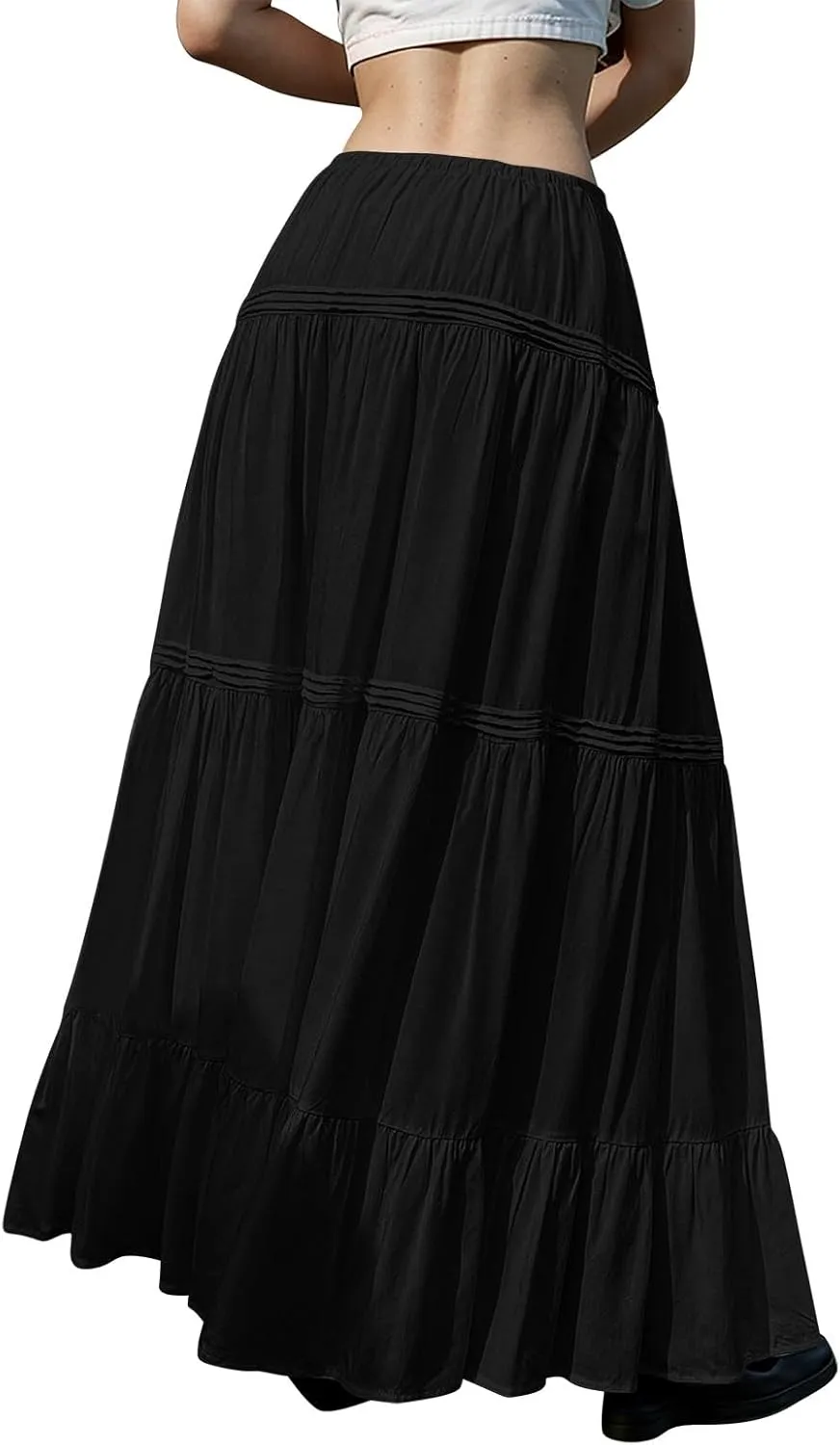 Summer Skirts for Women Trendy Drawstring Waisted Flowy Tiered Linen Maxi Skirt Pleated Ruffled A-Line Long Skirts