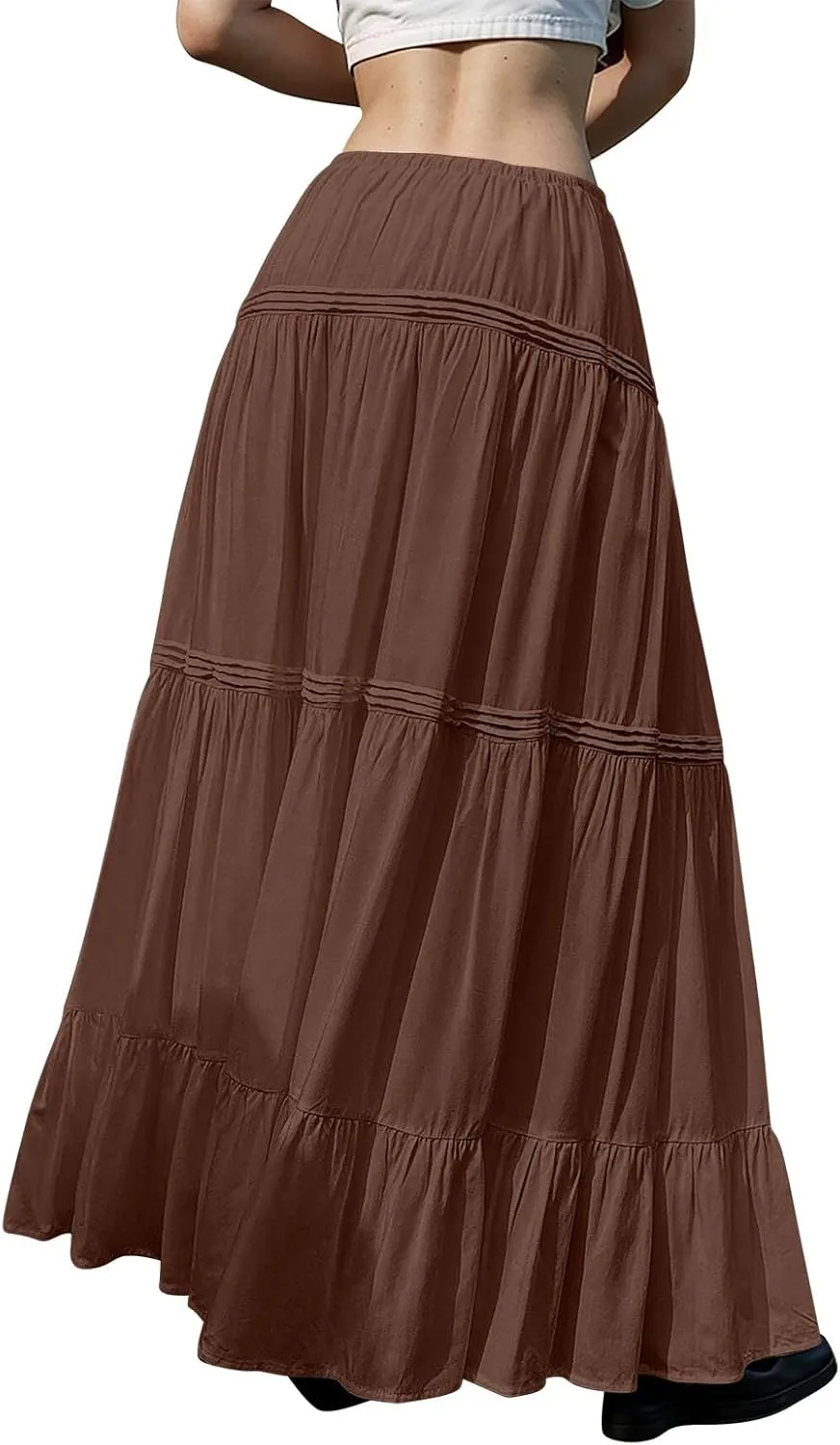 Summer Skirts for Women Trendy Drawstring Waisted Flowy Tiered Linen Maxi Skirt Pleated Ruffled A-Line Long Skirts