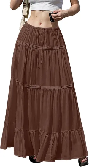 Summer Skirts for Women Trendy Drawstring Waisted Flowy Tiered Linen Maxi Skirt Pleated Ruffled A-Line Long Skirts