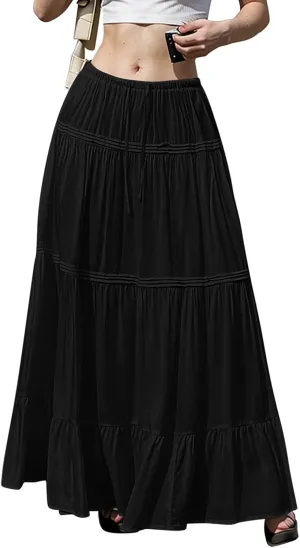 Summer Skirts for Women Trendy Drawstring Waisted Flowy Tiered Linen Maxi Skirt Pleated Ruffled A-Line Long Skirts