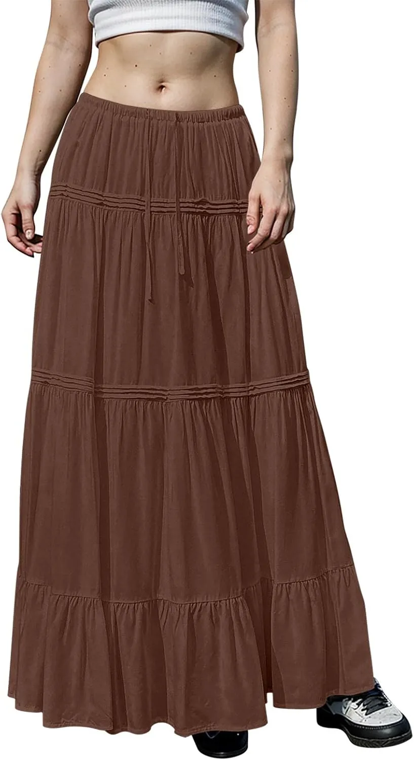 Summer Skirts for Women Trendy Drawstring Waisted Flowy Tiered Linen Maxi Skirt Pleated Ruffled A-Line Long Skirts