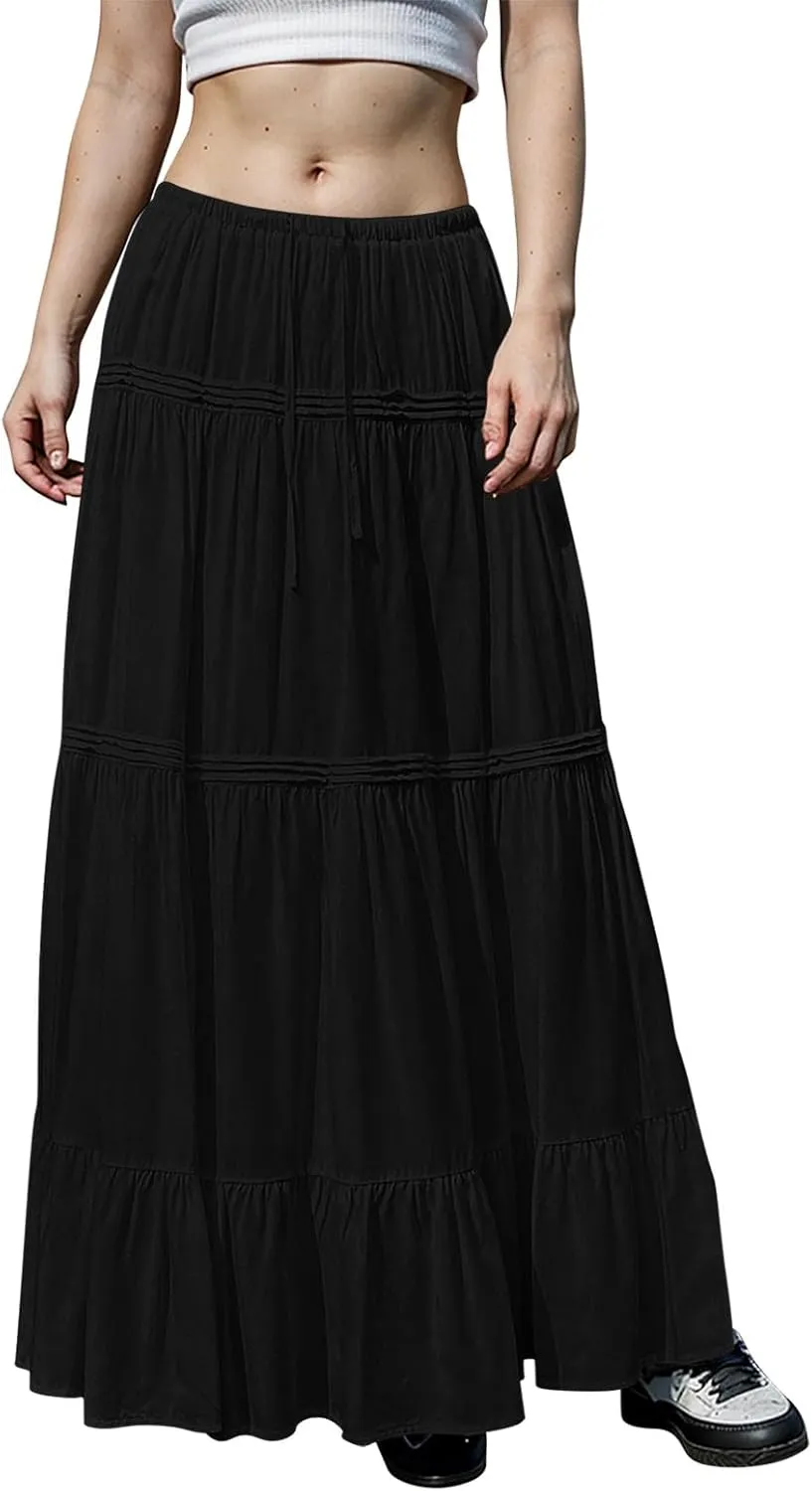 Summer Skirts for Women Trendy Drawstring Waisted Flowy Tiered Linen Maxi Skirt Pleated Ruffled A-Line Long Skirts
