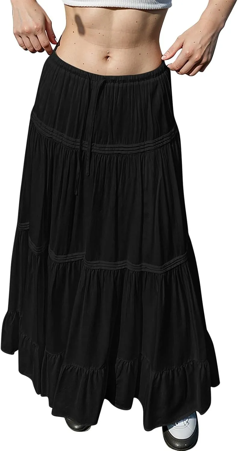Summer Skirts for Women Trendy Drawstring Waisted Flowy Tiered Linen Maxi Skirt Pleated Ruffled A-Line Long Skirts
