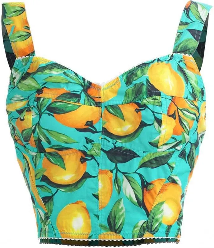 Summer Vacation Cotton Runway Skirts Suit Women Short Spaghetti Strap Top And Lemon Print Skirts 2 Pieces Set